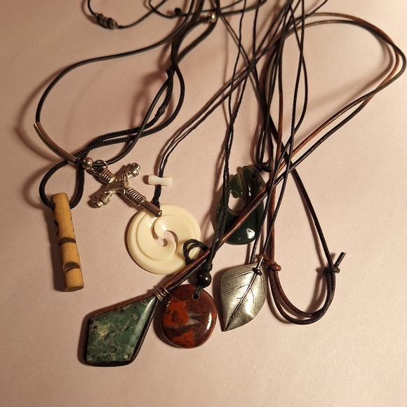 7 Unisex Corded Necklaces Some Natural Elements Cross Stones Rugged Hippie BEACH - Picture 2 of 4